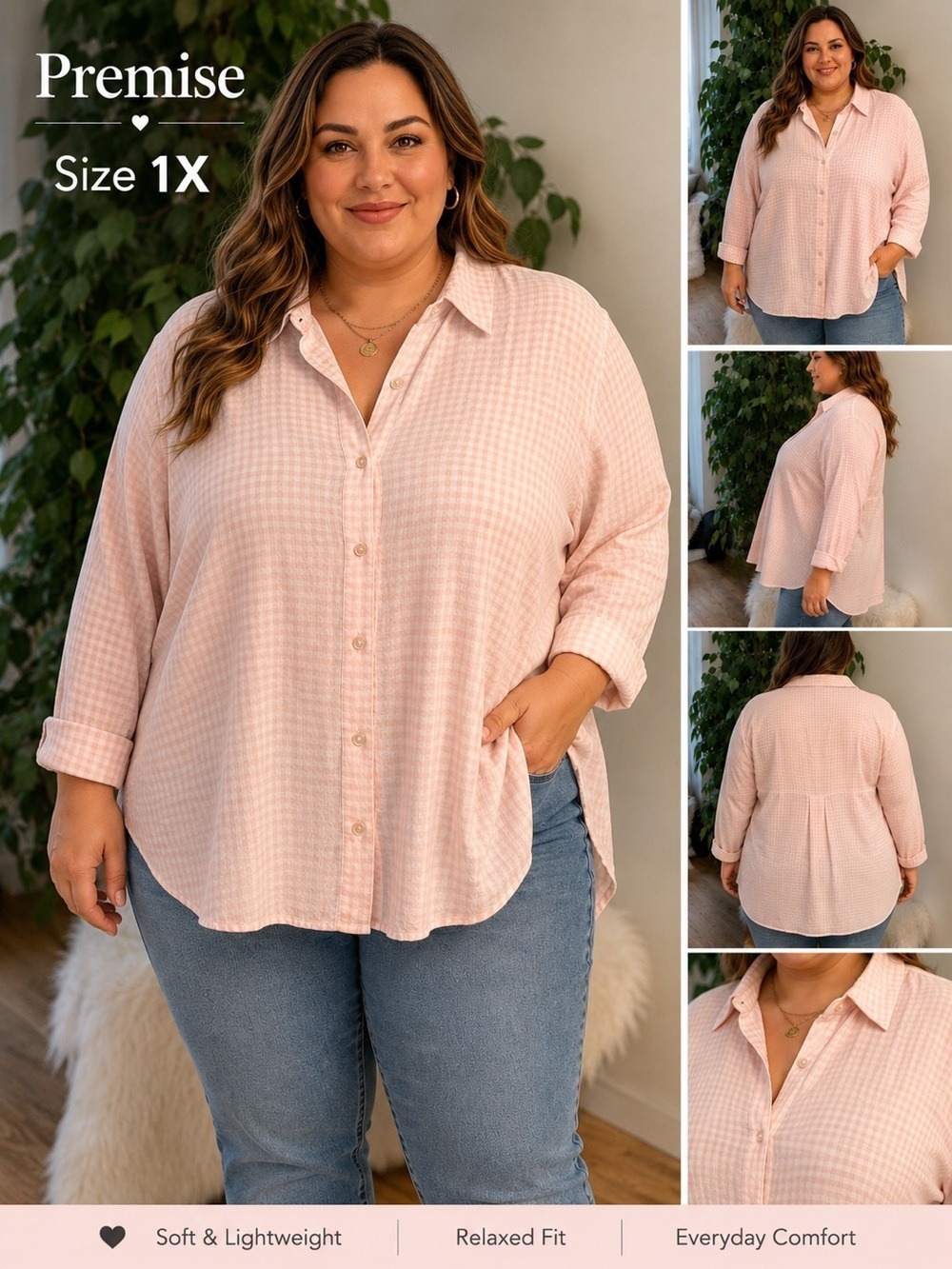 Premise Studio 1X Light Pink Gingham Button Front Tunic Top Soft Rayon